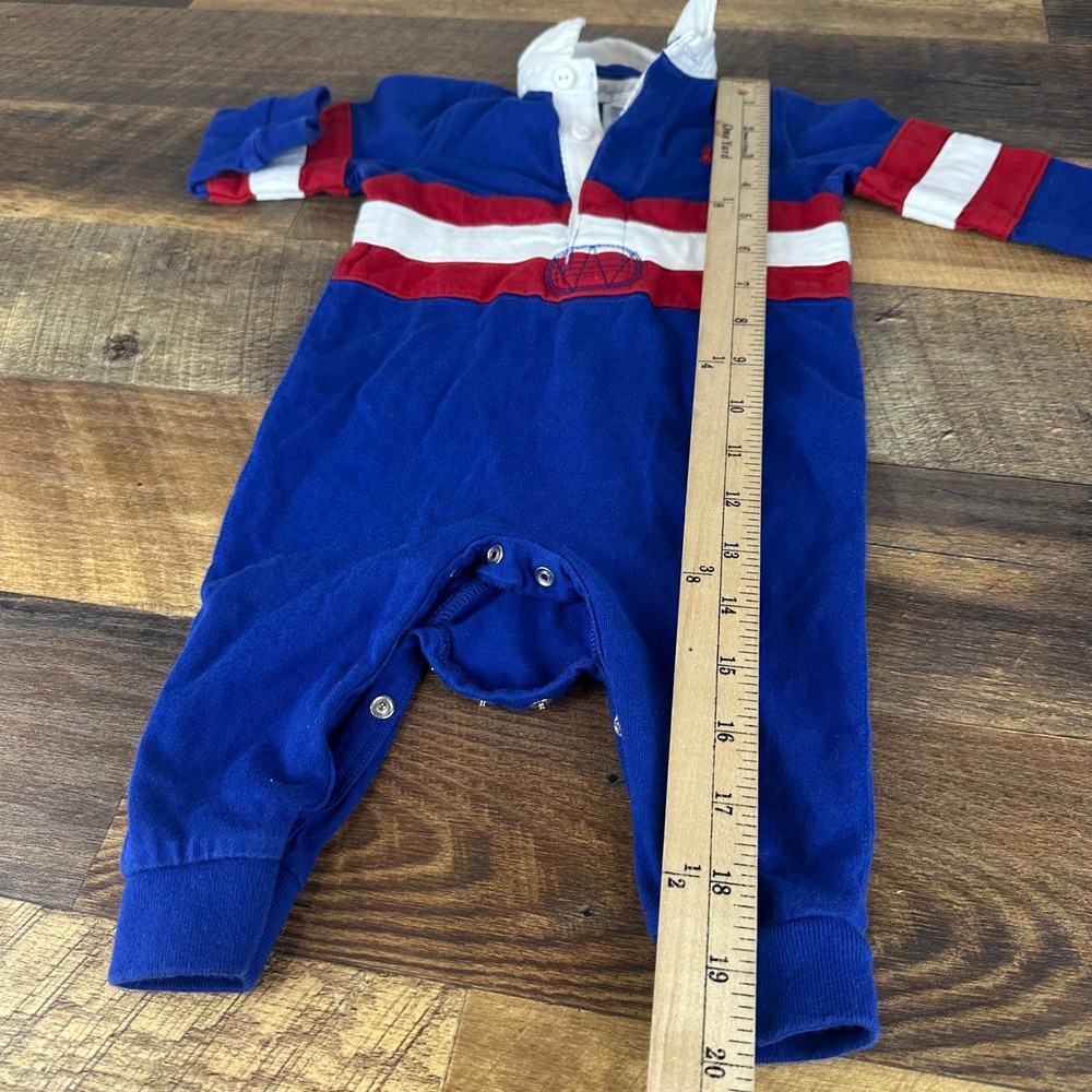 Ralph Lauren Baby Boy Blue Red White Striped Rugby Romper 6M Long Sleeve Collar - Picture 6 of 9